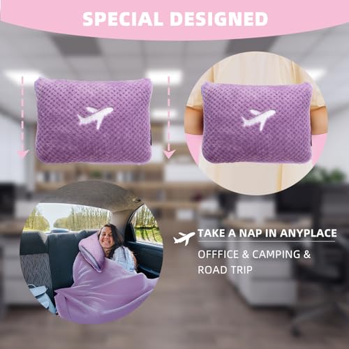 Nenolix 3 in 1 Travel Blanket Pillow Set - 350 GSM Thick Travel Blanket Airplane Compact with Bag, Soft Bag with a Pocket, Inflatable Travel Pillow for Camping & Car Trip (Violet) - Image 5