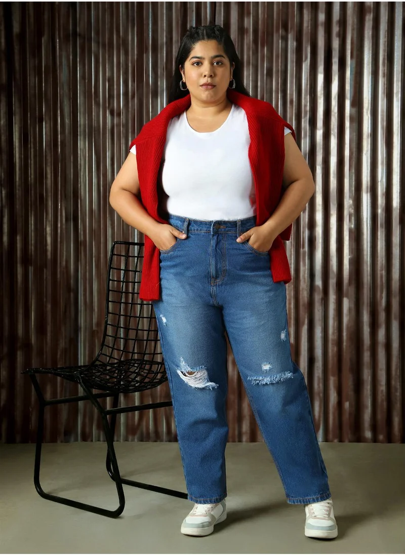 هاي ستار Women's Indigo 100% Cotton Distressed Full Length Plus Size Mom Fit Jeans