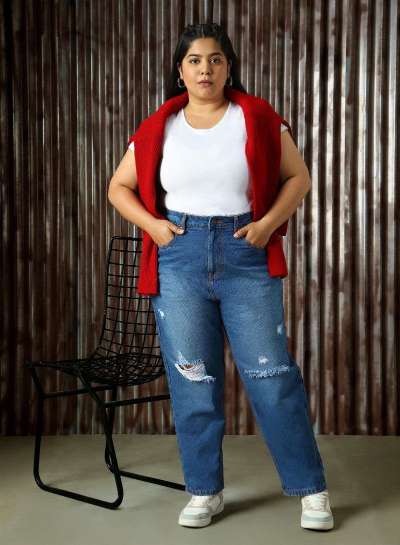 HIGH STAR Women's Indigo 100% Cotton Distressed Full Length Plus Size Mom Fit Jeans - Image 1