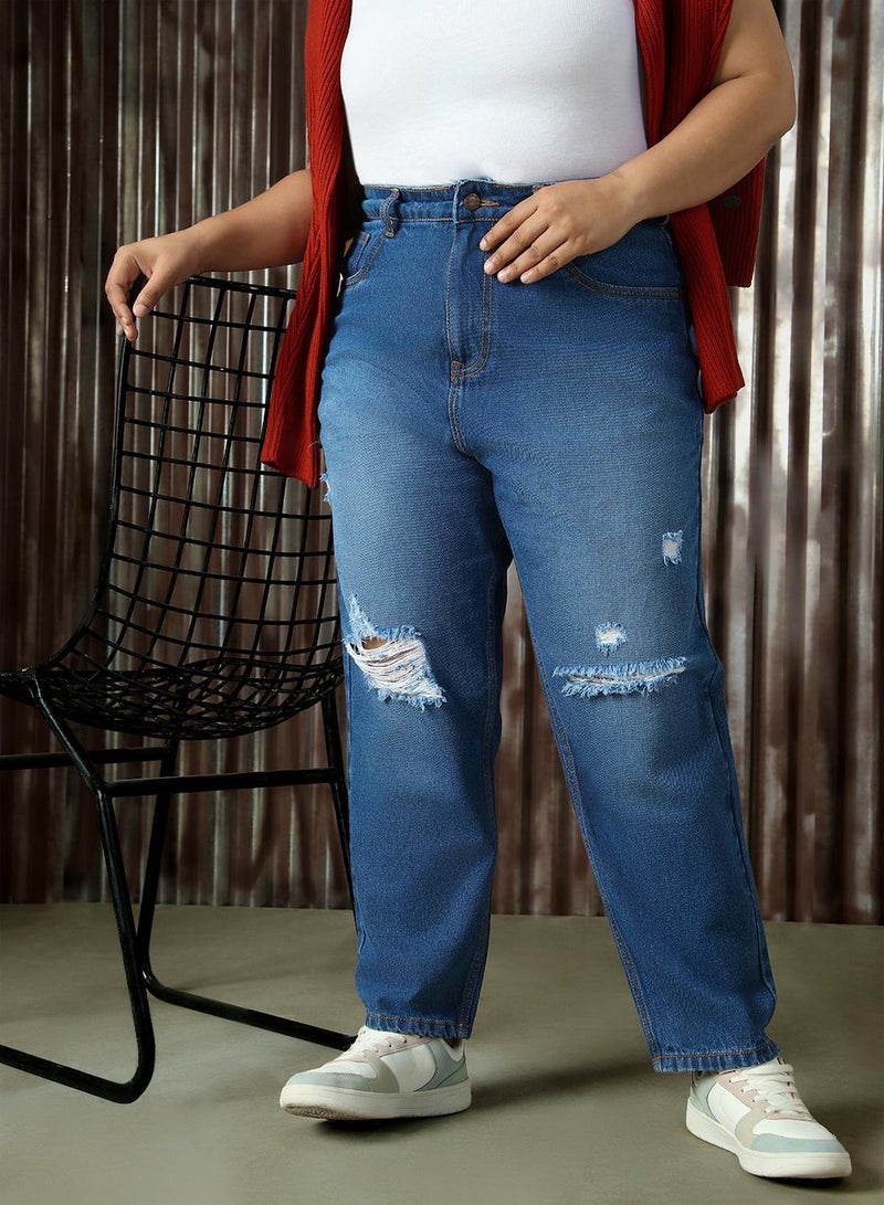 HIGH STAR Women's Indigo 100% Cotton Distressed Full Length Plus Size Mom Fit Jeans - Image 3
