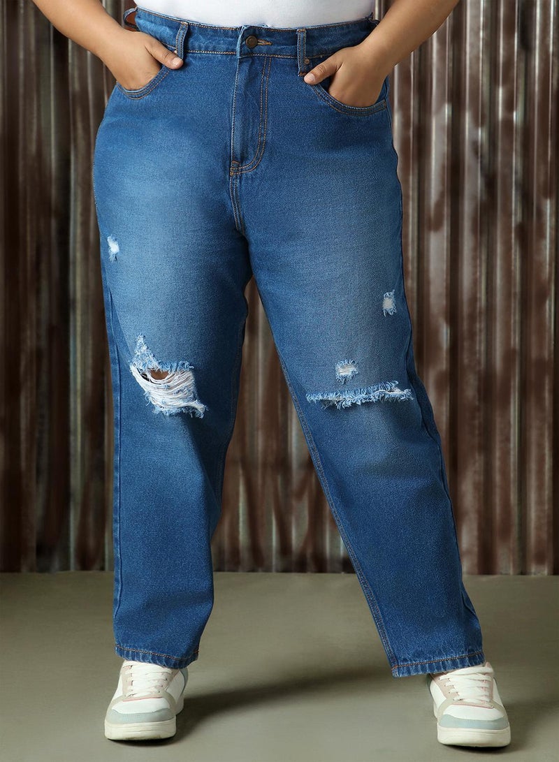 HIGH STAR Women's Indigo 100% Cotton Distressed Full Length Plus Size Mom Fit Jeans - Image 4