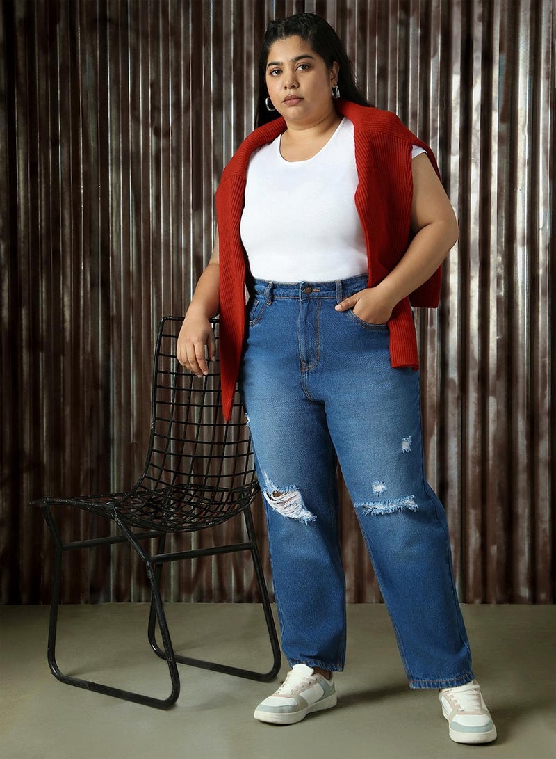 HIGH STAR Women's Indigo 100% Cotton Distressed Full Length Plus Size Mom Fit Jeans - Image 5
