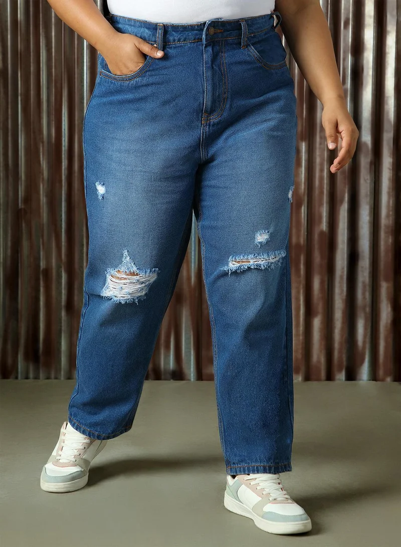 HIGH STAR Women's Indigo 100% Cotton Distressed Full Length Plus Size Mom Fit Jeans