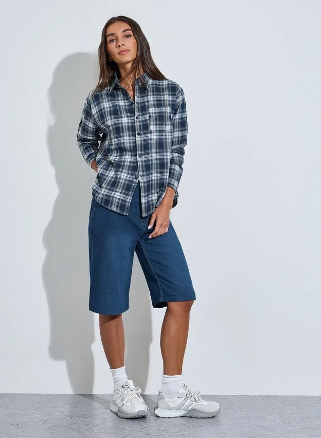 ستايلي Navy Blue Checked Long Sleeves Oversized Shirt