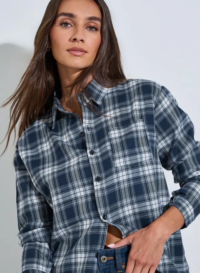 ستايلي Navy Blue Checked Long Sleeves Oversized Shirt
