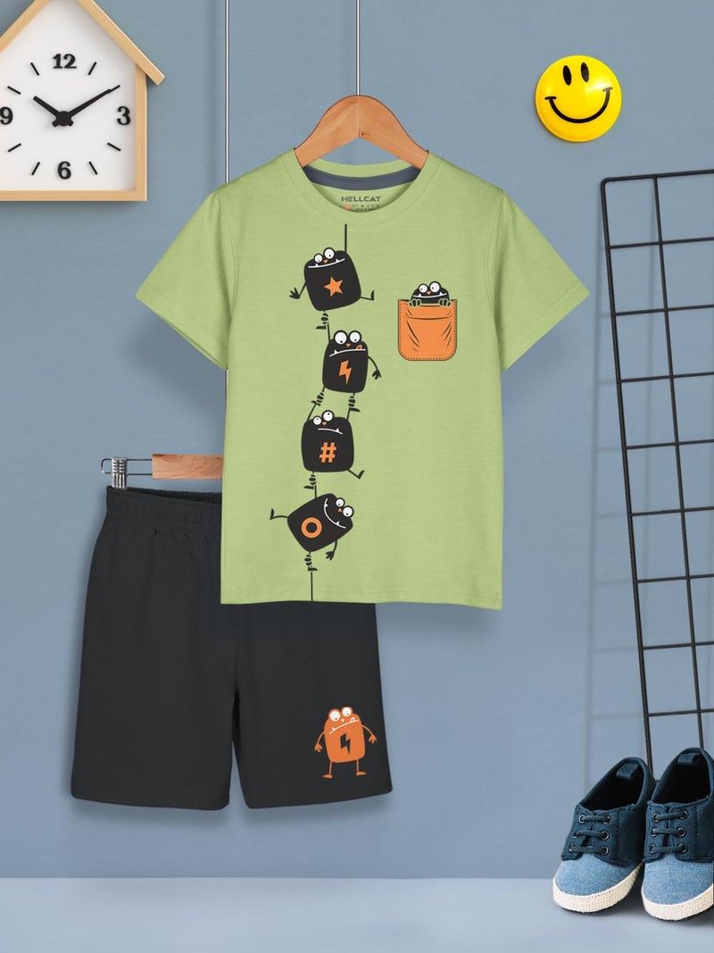 HELLCAT Boys Cotton Blend Printed Dress Clothing Set Combo with Tshirts & Shorts - Pack 1 Green 3-4 Years - Image 2