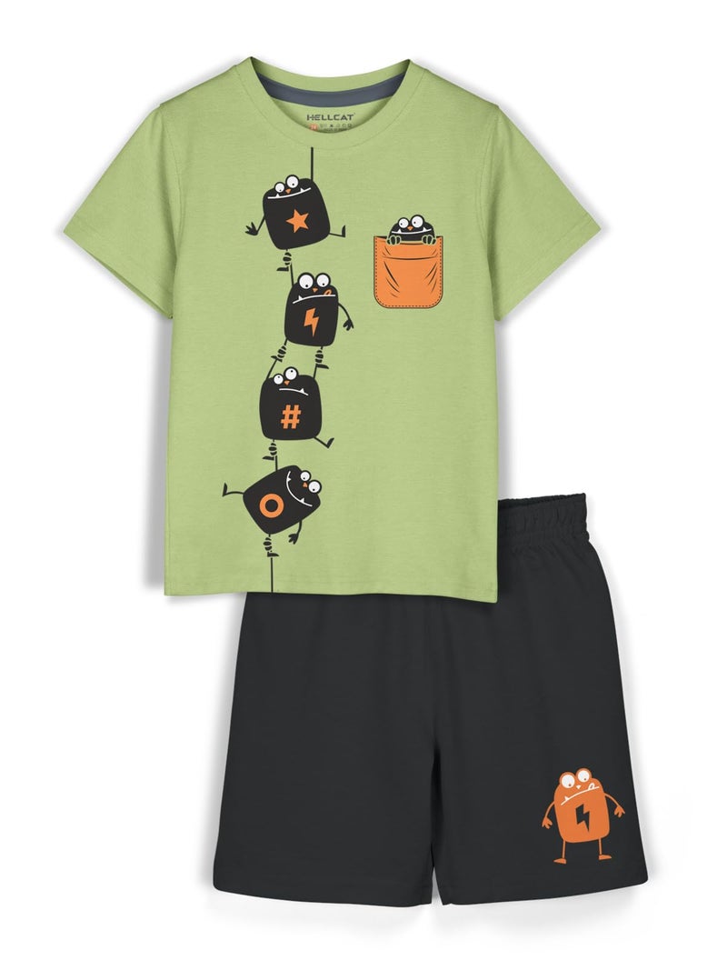 HELLCAT Boys Cotton Blend Printed Dress Clothing Set Combo with Tshirts & Shorts - Pack 1 Green 3-4 Years - Image 1