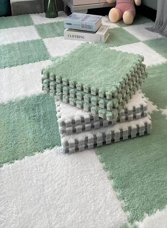 Typutomi 10pcs Plush Puzzle Foam Floor Mat, Soft Fluffy Interlocking Square Foam Tiles Area Rugs Carpet for Parlor Bedroom Decoration(11.8x11.8in, Green&White) - Image 1