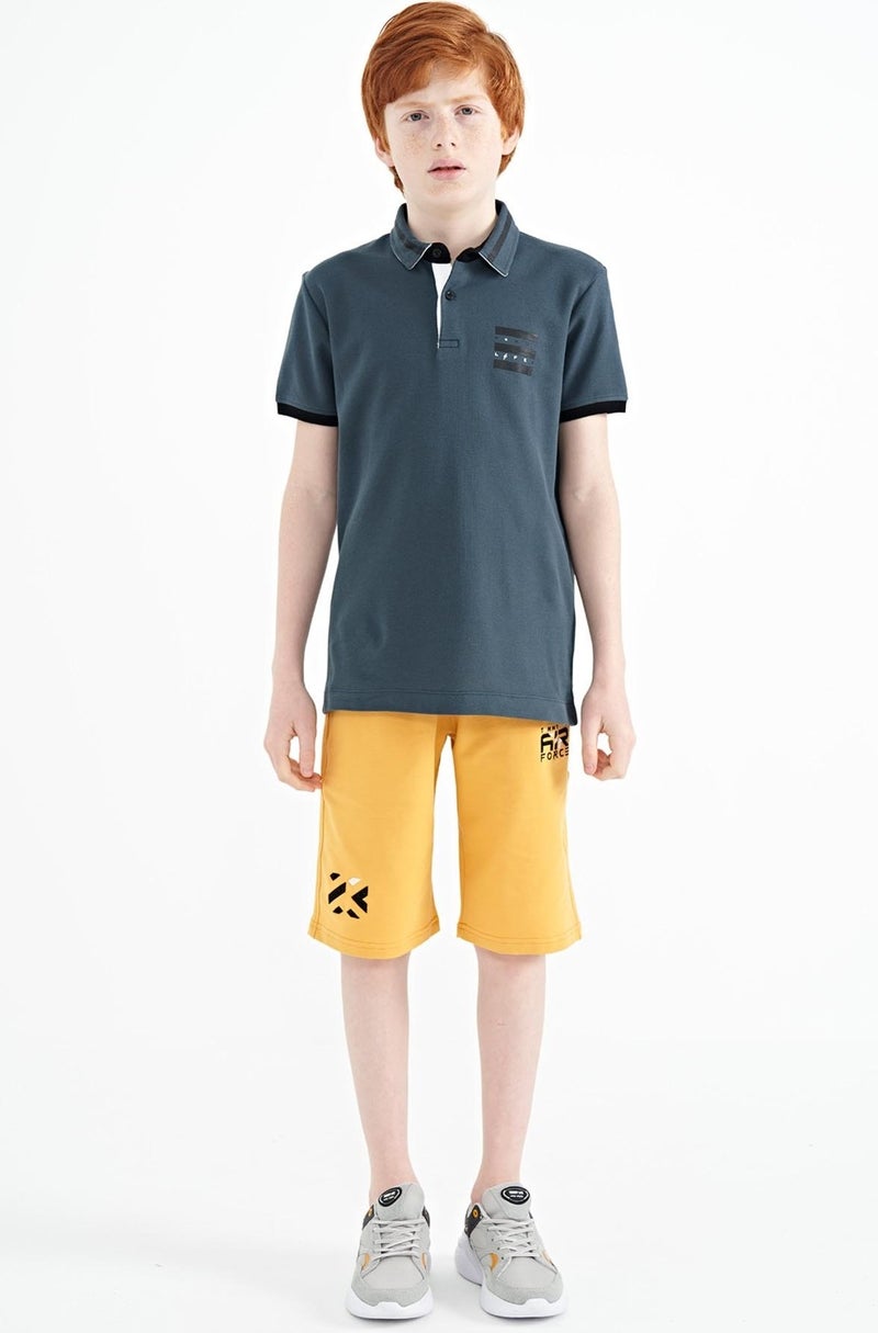 Tommy Life Forest Green Collar Color Block Print Detailed Standard Size Boy T-Shirt - 11111 - Image 3
