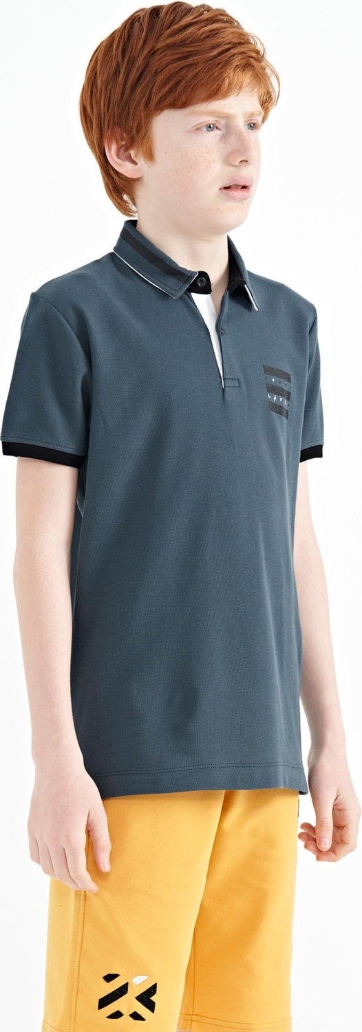 Tommy Life Forest Green Collar Color Block Print Detailed Standard Size Boy T-Shirt - 11111 - Image 4