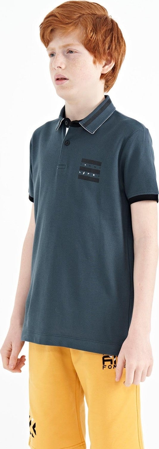 Tommy Life Forest Green Collar Color Block Print Detailed Standard Size Boy T-Shirt - 11111 - Image 5