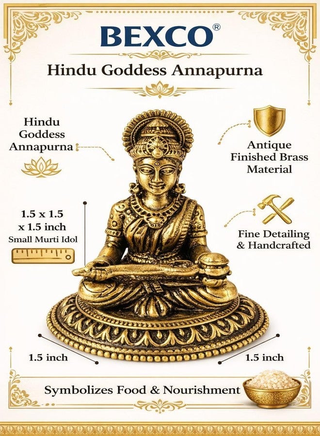 BEXCO Hindu Goddess Annapurna Brass Statue - Fine Detailed Annapoorna Annapurneshwari Devi Murti, Goddess of Food Idol for Home Mandir, Kitchen & Gifting (1.5 inch Antique) - Image 2