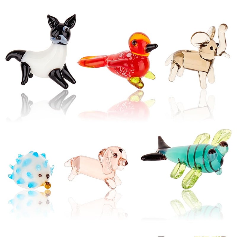 AHANDMAKER 6 Pcs Animals Figurines, 6 Styles Glass Animal Figurines for Table Home Decoration, Dragonfly Bird Hedgehog Dog Elephant Palm Civet Glass Display Miniature for Anniversary Birthday Gift - Image 1