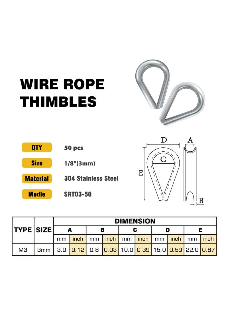 SYOSI M3 Stainless Steel Wire Rope Thimbles, 50PCS M3 Stainless Steel Wire Rope Cable Clip Clamp, Aluminum Crimping Loop Sleeve for 1/8 Inch Wire Rope Cable - Image 5
