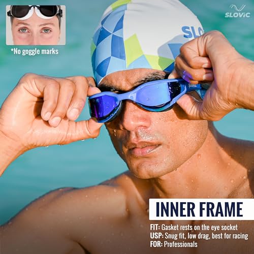 SLOVIC Dark-Blue Swimming Goggles for Men & Women with Detachable Silicon Nose Bridge | Anti-Fog Glasses, Leak-Proof | Adjustable Strap with Ear Plugs & Nose Clip | UV-Protected Swimming Goggle Kit | - Image 4