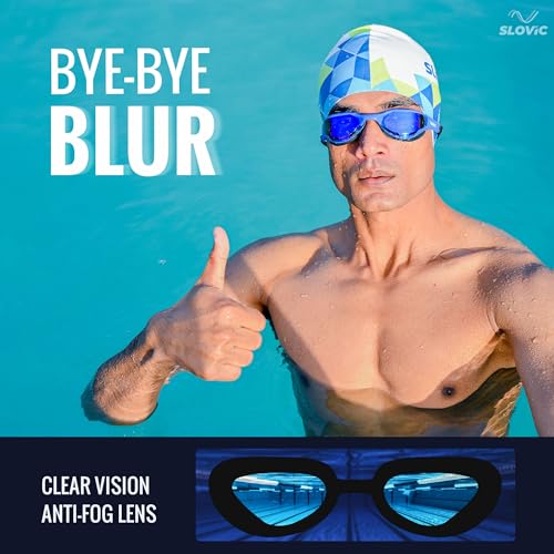 SLOVIC Dark-Blue Swimming Goggles for Men & Women with Detachable Silicon Nose Bridge | Anti-Fog Glasses, Leak-Proof | Adjustable Strap with Ear Plugs & Nose Clip | UV-Protected Swimming Goggle Kit | - Image 3