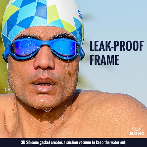 SLOVIC Dark-Blue Swimming Goggles for Men & Women with Detachable Silicon Nose Bridge | Anti-Fog Glasses, Leak-Proof | Adjustable Strap with Ear Plugs & Nose Clip | UV-Protected Swimming Goggle Kit | - Image 2