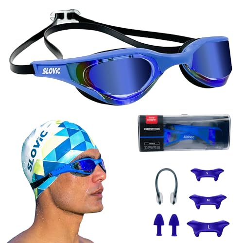 SLOVIC Dark-Blue Swimming Goggles for Men & Women with Detachable Silicon Nose Bridge | Anti-Fog Glasses, Leak-Proof | Adjustable Strap with Ear Plugs & Nose Clip | UV-Protected Swimming Goggle Kit | - Image 1