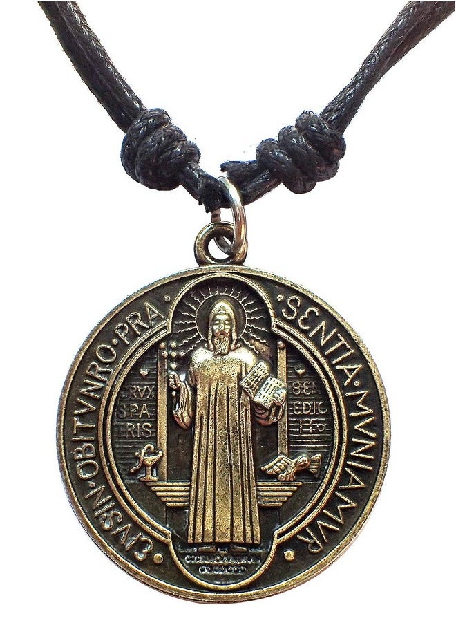 Bijoux De Ja Antique Bronze Saint Benedict Of Nursia Medal Pendant Adjustable Cord Necklace 16"  - Image 1