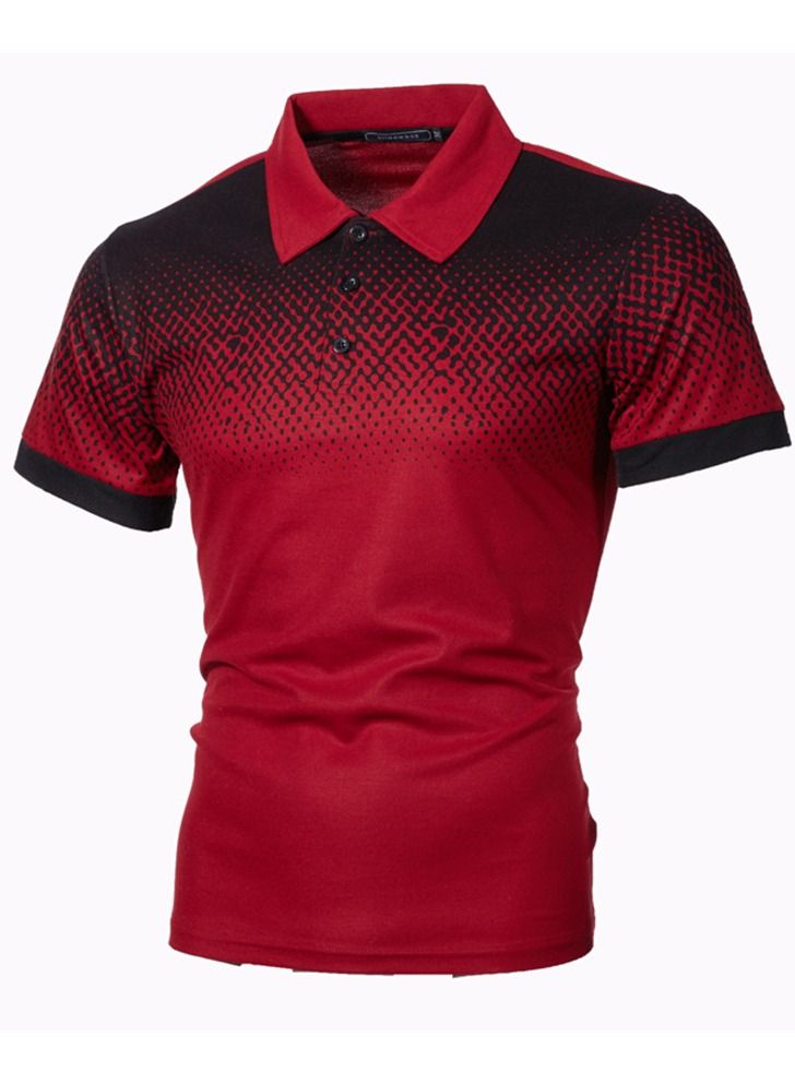 Loquat Men's Gradual Color 3D Printing Slim Fitting Polo Shirt Red  - Image 1