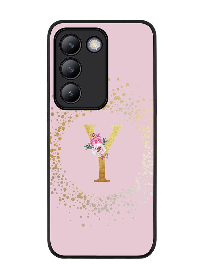 Stylizedd Rugged Black edge case for Vivo V30 Lite 5G, Slim fit Flexible Cover -  Custom Monogram Initial Letter Floral Pattern Alphabet - Y  (Pink ) - Image 1