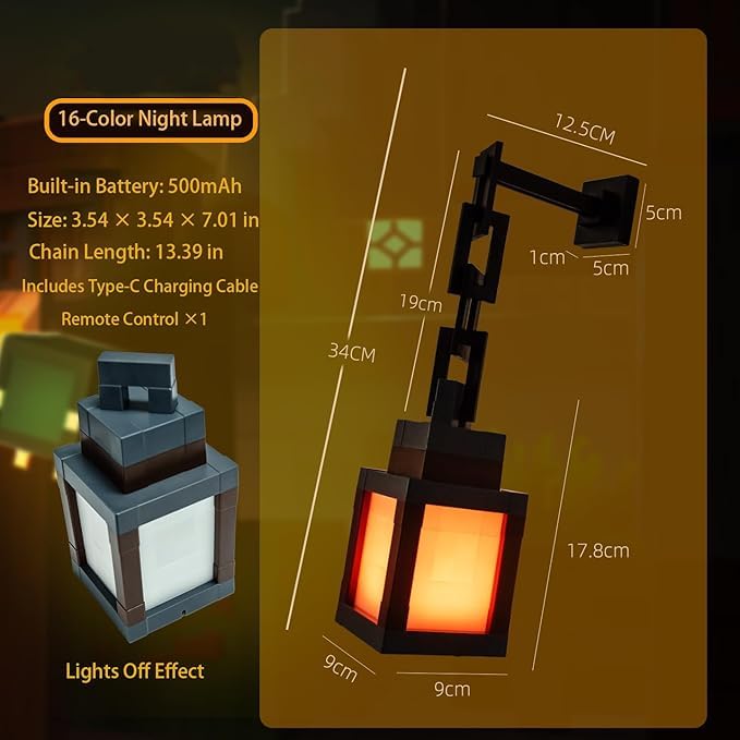 Bivpreom 16 Colors Pixelated Lantern Night Light with USB Rechargeable & Remote Control ï¼ŒGame Room Decor, Gifts for Boys - Image 3