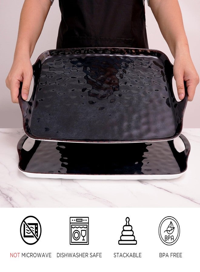 تي بي صينية تقديم بمقابض، طقم صواني تقديم مستطيلة كبيرة من الميلامين مكون من قطعتين، لون أسود كلاسيكي - Image 2