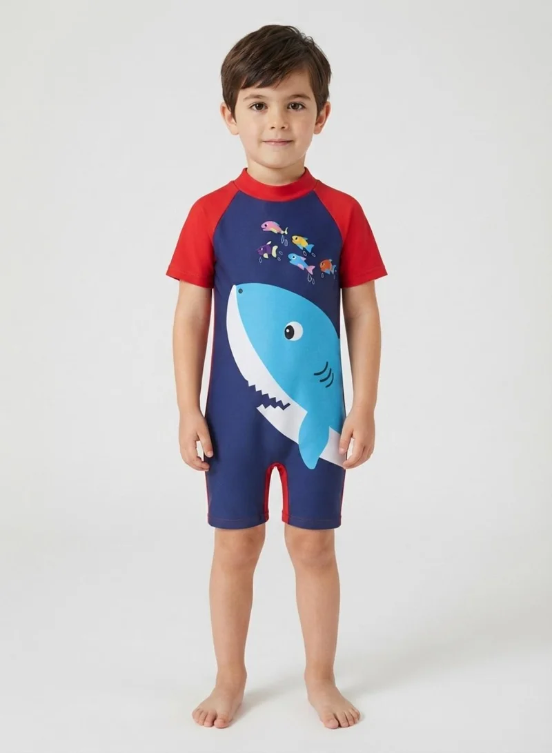 Babyqlo Boys Shark Print Short Sleeve One-Piece Swimsuit