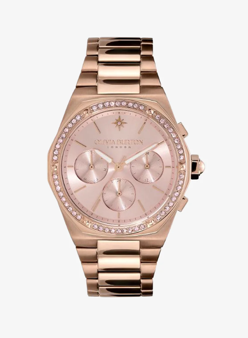 Olivia Burton Women's Multifunction Watch, Pink Dial, Stainless Steel Strap