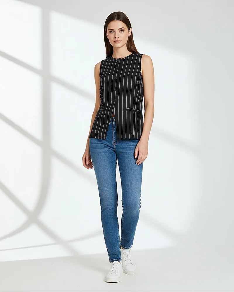 REDTAG Women Black Striped Sleeveless Top