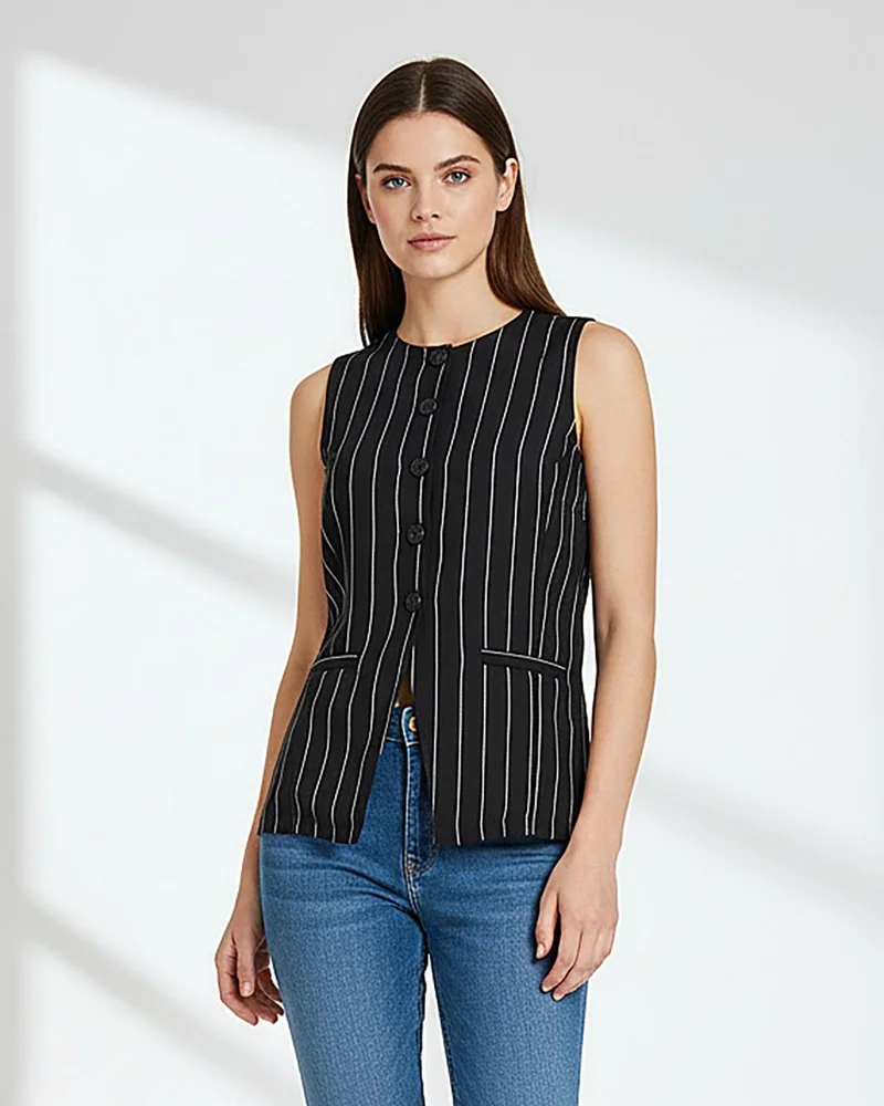 REDTAG Women Black Striped Sleeveless Top
