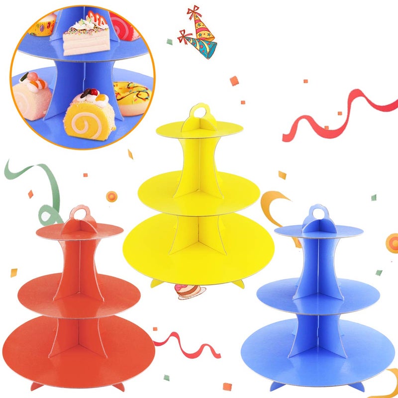 Faxco Faxco 3 Pack 3Tier Colorful Round Cardboard Cup Cake Holder Stand Dessert Tower Reusable Pastry Serving Platter Food Display Birthday Wedding Special Event Decoration 