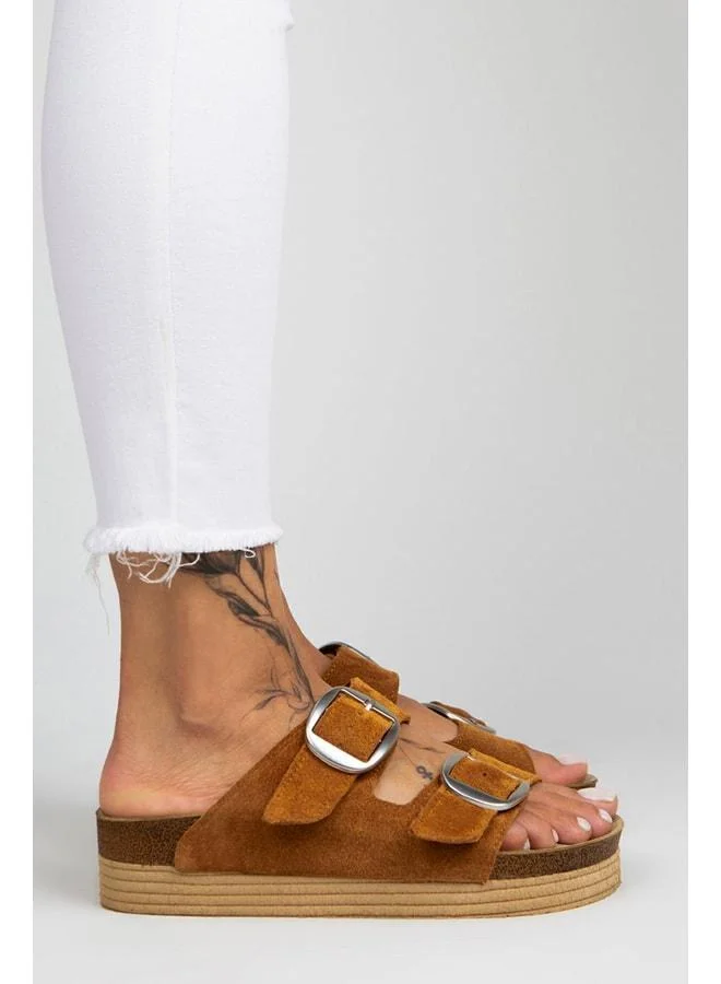 Manijero  Selina Women's Genuine Leather Double Buckle Tan Silver Slippers - Brown for Women | Best Price UAE