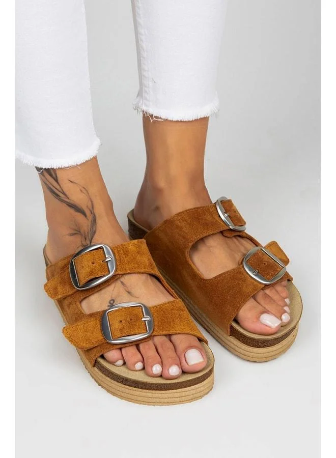Manijero  Selina Women's Genuine Leather Double Buckle Tan Silver Slippers - Brown for Women | Best Price UAE