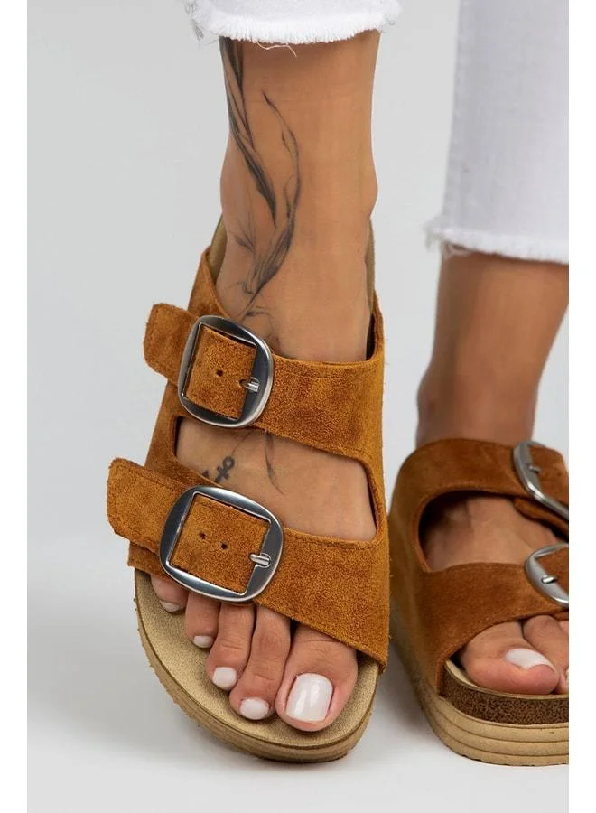 Selina Women's Genuine Leather Double Buckle Tan Silver Slippers - Brown