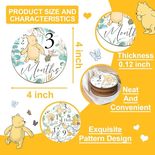 ALodr 7 Pcs Winnie Baby Monthly Milestone Markers Winnie Double Sided Baby Months Wooden Signs with Storage Bags Baby Monthly Announcement Wooden Discs Milestone Pictures of Your Newborn Boy Girl - Image 3