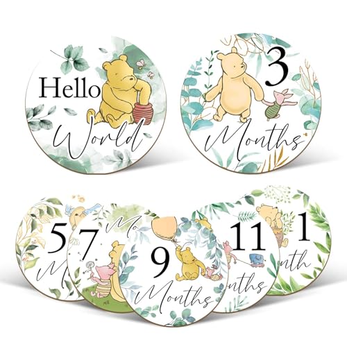 ALodr 7 Pcs Winnie Baby Monthly Milestone Markers Winnie Double Sided Baby Months Wooden Signs with Storage Bags Baby Monthly Announcement Wooden Discs Milestone Pictures of Your Newborn Boy Girl - Image 1