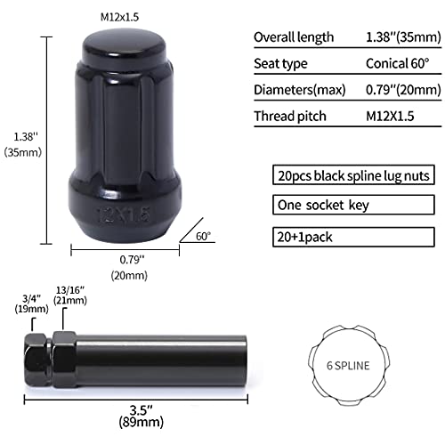 ChnewAuto M12x1.5 Lug Nuts M12-1.50 Lug Nuts Black Spline Lug Nuts 12x1.5 1.38" Long Set of 20 Wheel Lug Nut 12mmx1.5 Lug Nuts Acorn Fit for Honda Accord CRV Civic - Image 5