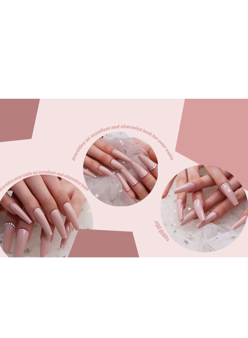SYOSI 24 قطعة أظافر صناعية طويلة جدًا، أظافر صناعية على شكل نعش، أظافر صناعية لامعة بتغطية كاملة، أطراف أظافر صناعية مزينة بأحجار الراين اللامعة للنساء والفتيات باللون الوردي - Image 4