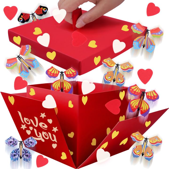 Welpurch Flying Butterfly Explosion Gift Box, Love You, DIY Unique Exploding Surprise Gift Box, Red Love Heart Box, Red Box Explosion for Valentines Day, Birthday, Wedding, Anniversaries - Image 1
