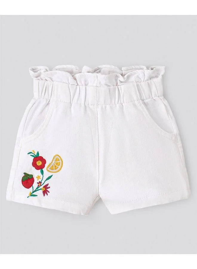 Bonfino Bonfino Cotton Elastane Denim Shorts With Paper Bag Ruffles & Floral Embroidery - White