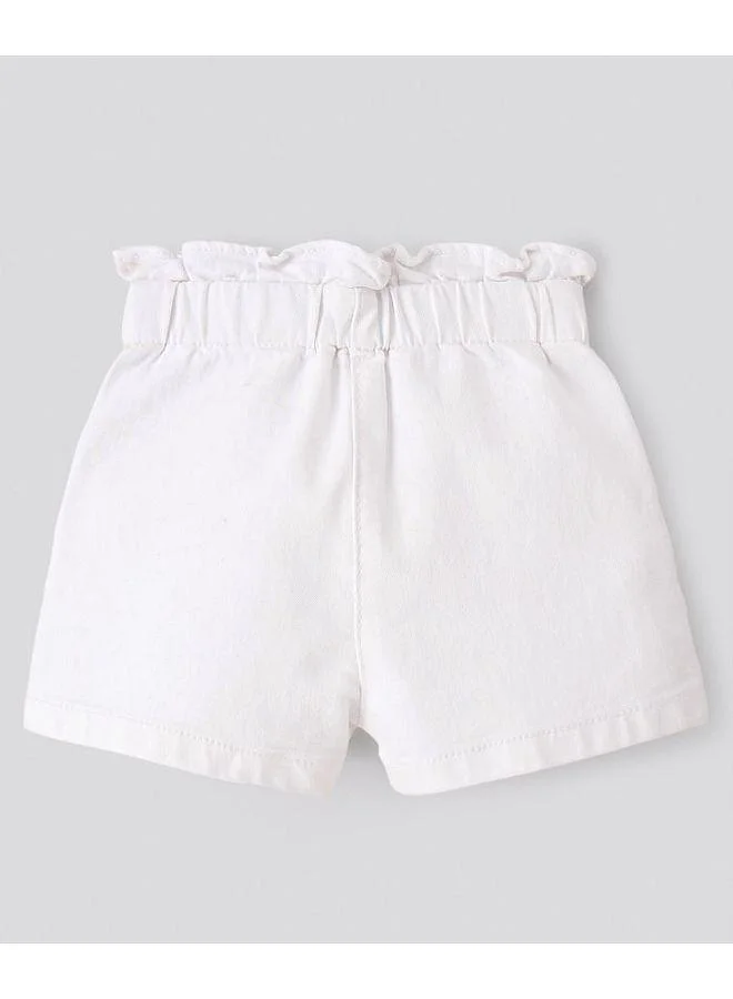 Bonfino Bonfino Cotton Elastane Denim Shorts With Paper Bag Ruffles & Floral Embroidery - White