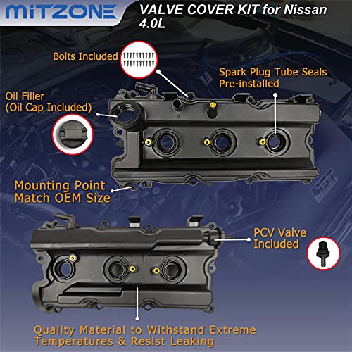 MITZONE أغطية صمامات MITZONE مع حشوات وصواميل غطاء فلتر الزيت متوافقة مع نيسان فرونتير 2005-2019 05-15 إكستيرا 05-12 باثفايندر NV1500 2500 3500 4.0L V6 بديل 13264-EA210، 13264-EA200 - Image 4