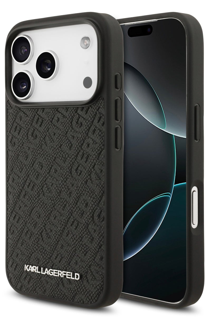 كارل لاغرفيلد جراب MagSafe لهاتف iPhone 17 Pro Max / غطاء خلفي من جلد البولي يوريثان ملفوف بالكامل مع حبيبات Karl - أسود - Image 5