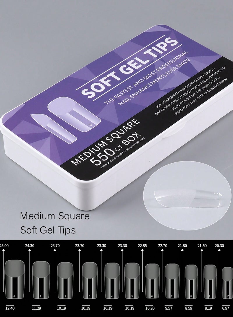 550pcs Medium Square Soft Gel Nail Tips - Semi-Frosted Transparent Press-On Nails for DIY & Salon, Easy to Use with UV Gel, French Design Artificial Nails, 12 Sizes with Storage Box, Nail Extension, Medium Square - Image 2