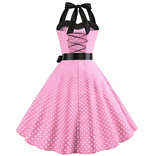 IKADEX Vintage Women 1950s Rockabilly Swing Dress Pinup 50s Retro Hepburn Style Halterneck A-Line Dresses #A: Pink Dots S - Image 4