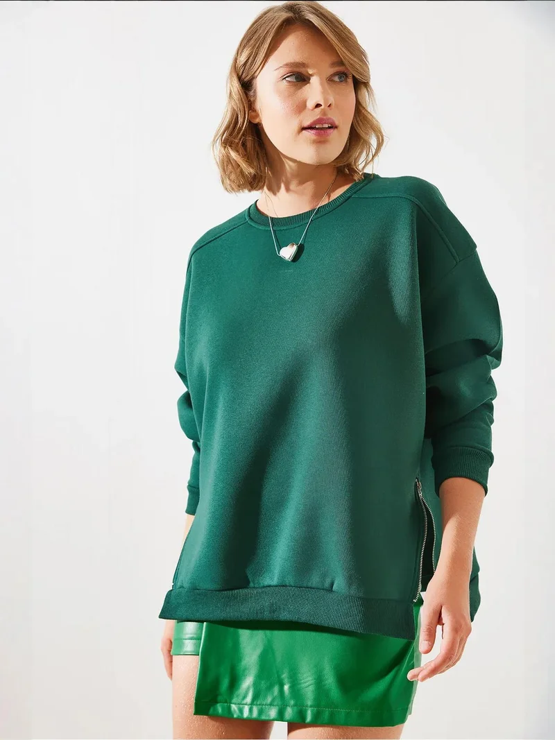 Bianco Lucci Emerald Green LUCCI Crew Neck Zipper Detailed Sweatshirt for Women | Best Price UAE