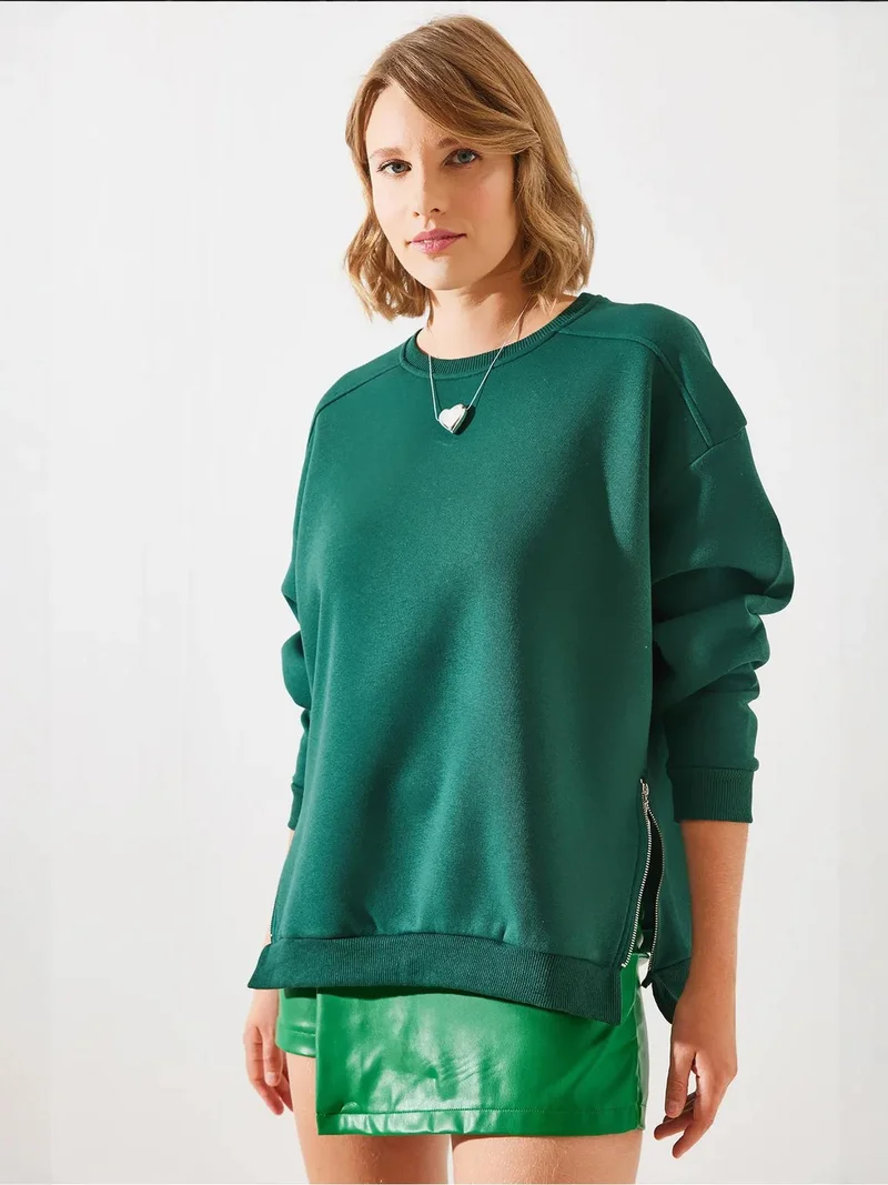 Bianco Lucci Emerald Green LUCCI Crew Neck Zipper Detailed Sweatshirt for Women | Best Price UAE