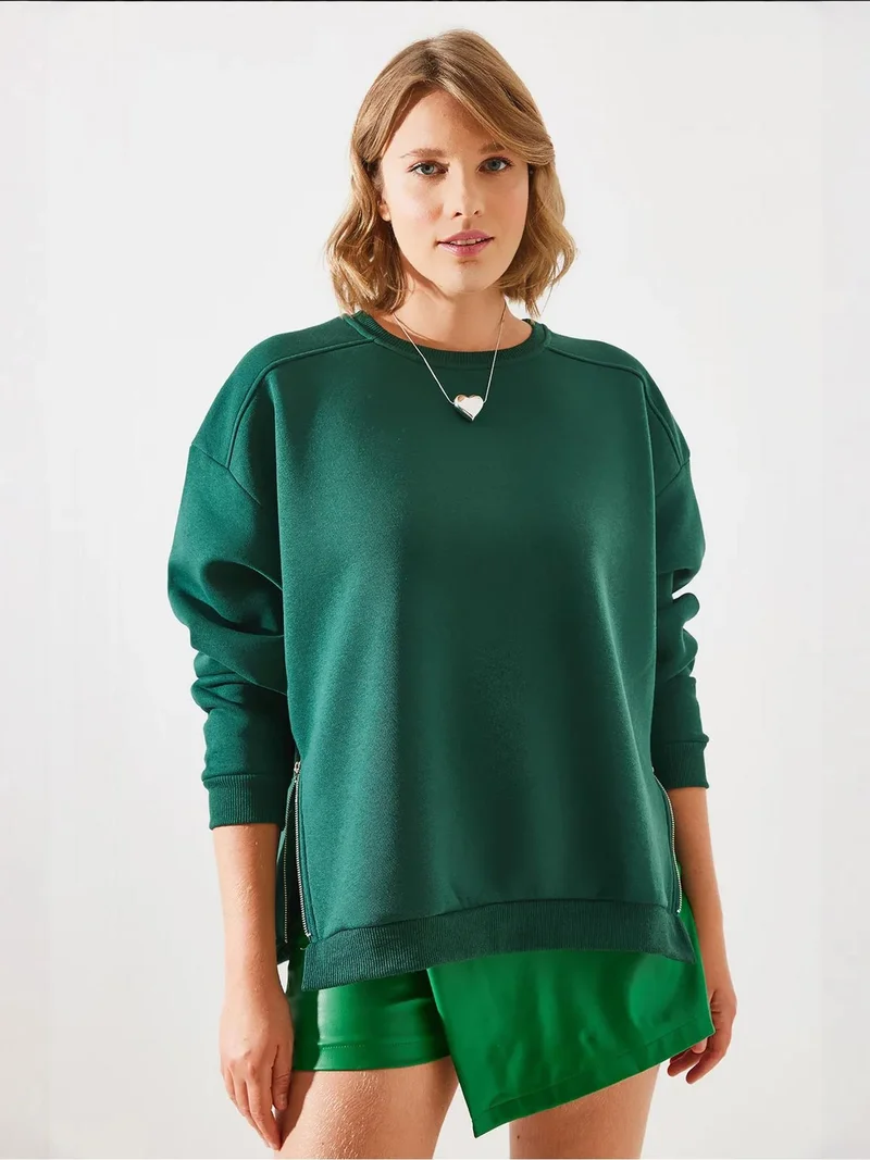 Bianco Lucci Emerald Green LUCCI Crew Neck Zipper Detailed Sweatshirt for Women | Best Price UAE