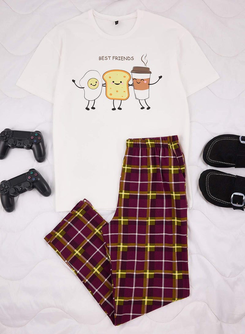 trendyol White Regular Fit Short Sleeve Cotton Plaid Breakfast Printed Pajamas Set Tmnss26Pt00006 - Image 4